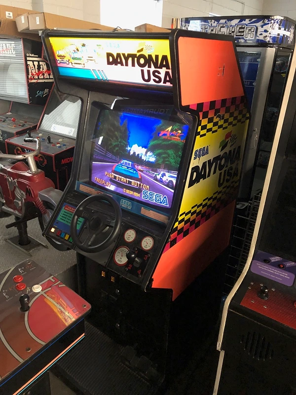 A SEGA daytona usa arcade cabinet.